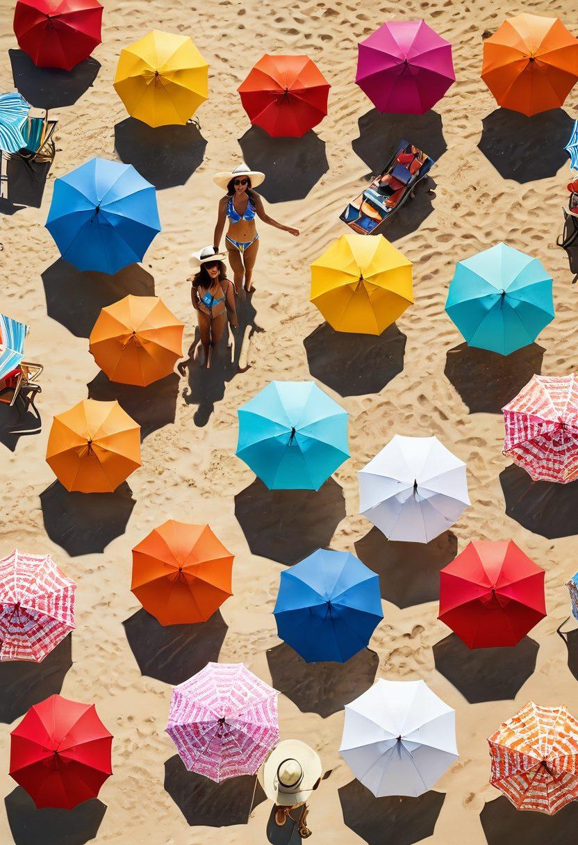 A vibrant beach scene featuring women of diverse ethnicities enjoying the sun in stylish swimwear, showcasing colorful bikinis and one-pieces. Umbrellas and beach accessories like sun hats and sunglasses add to the atmosphere. The ocean waves crash gently in the background, with soft golden sand underfoot. Bright, summery colors dominate the image, creating an inviting and cheerful vibe. super-realistic. vibrant colors. sunny day background.
