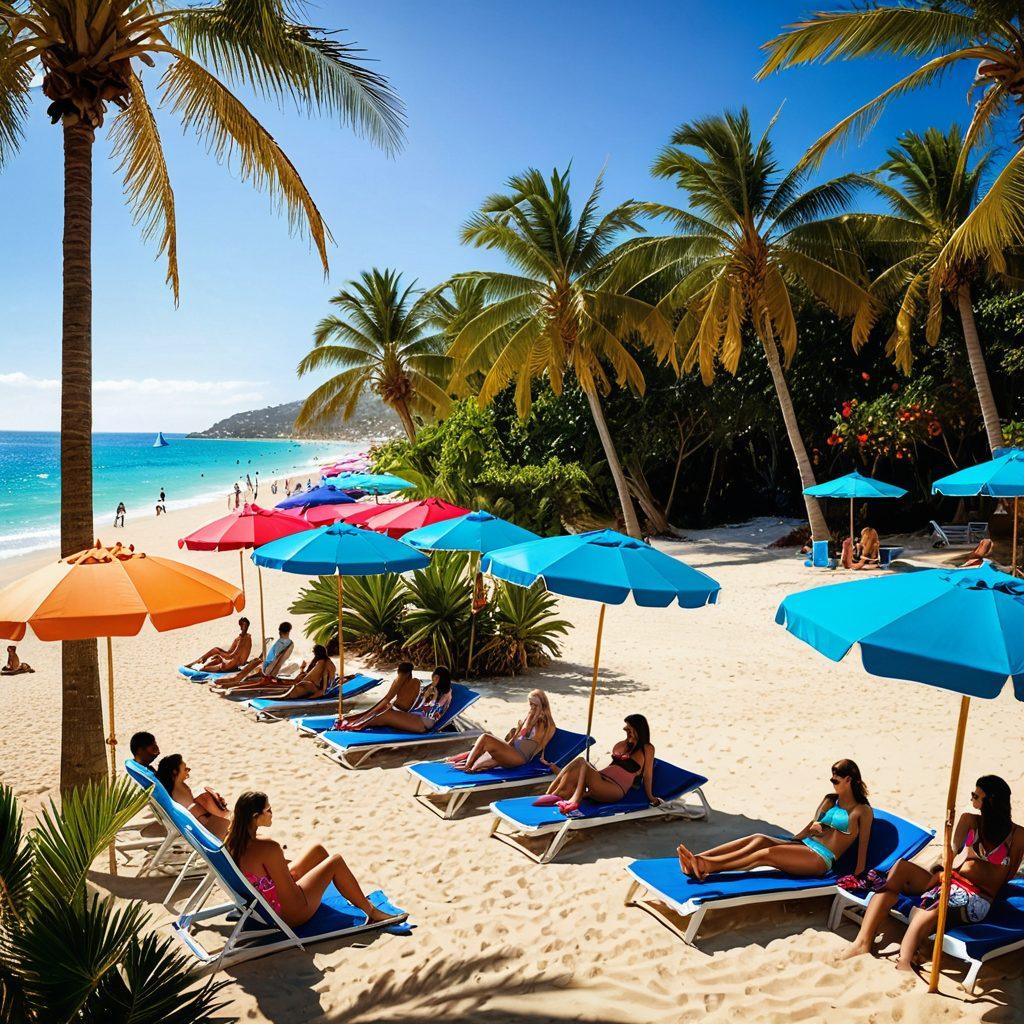 A stunning beach scene showcasing a diverse group of stylish individuals wearing vibrant bikinis and chic resort wear. Include colorful beach umbrellas, tropical palm trees, and sparkling blue water in the background. Capture a lively atmosphere with some people playing volleyball and others relaxing on loungers. The fashion should reflect current trends, highlighting various patterns and styles. dreamy, vibrant colors, relaxed summer vibe.